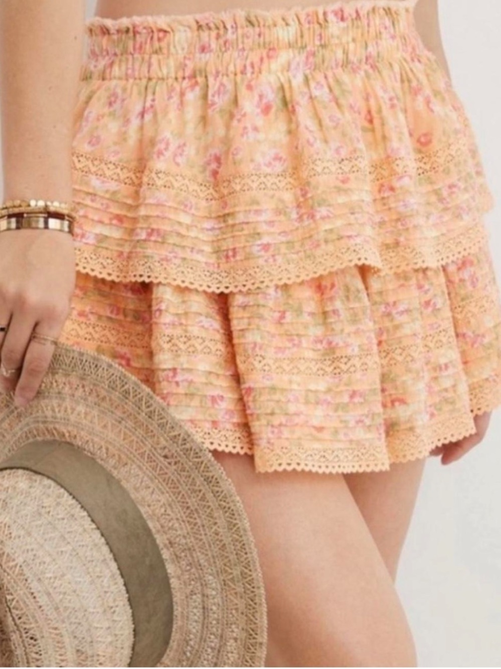 Aerie Tiered Floral Mini Skirt in Peach